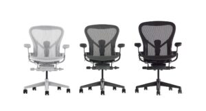 Herman Miller Aeron Remastered chair shown in three colour finishes side by side