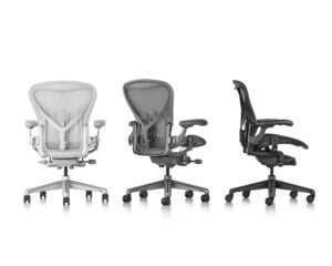 Herman Miller Aeron Remastered chair front and side profile showing back support and recline