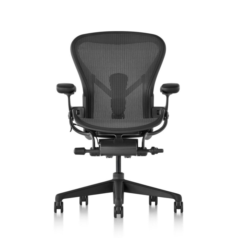 Herman Miller Aeron Remastered chair rear view showing 8Z Pellicle mesh back and adjustable arms