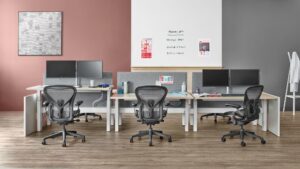 Herman Miller Aeron Remastered chairs at workstations in a professional office